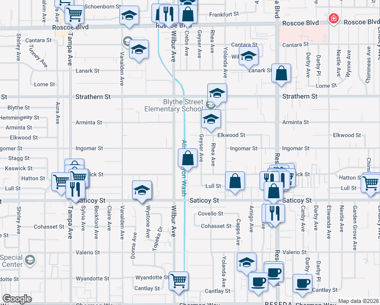 map of restaurants, bars, coffee shops, grocery stores, and more near 18824 Ingomar Street in Los Angeles