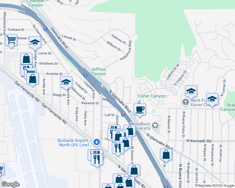 map of restaurants, bars, coffee shops, grocery stores, and more near 7734 North Glenoaks Boulevard in Burbank