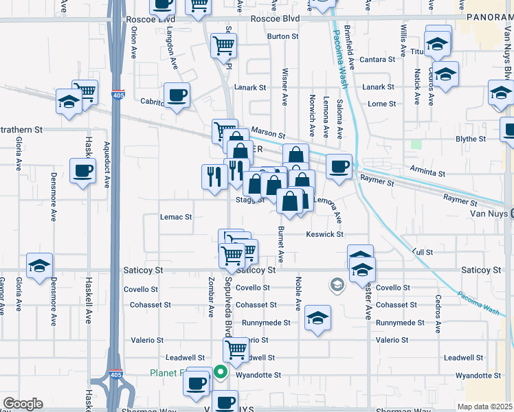 map of restaurants, bars, coffee shops, grocery stores, and more near 15200 Stagg Street in Los Angeles