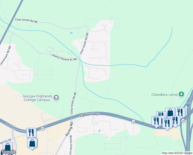 map of restaurants, bars, coffee shops, grocery stores, and more near 21 Mallet Point in Cartersville