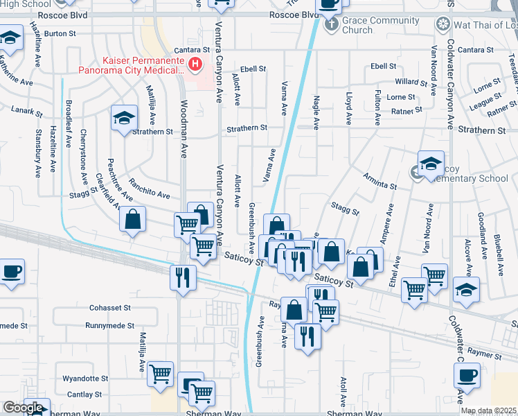 map of restaurants, bars, coffee shops, grocery stores, and more near 13448 Stagg Street in Los Angeles