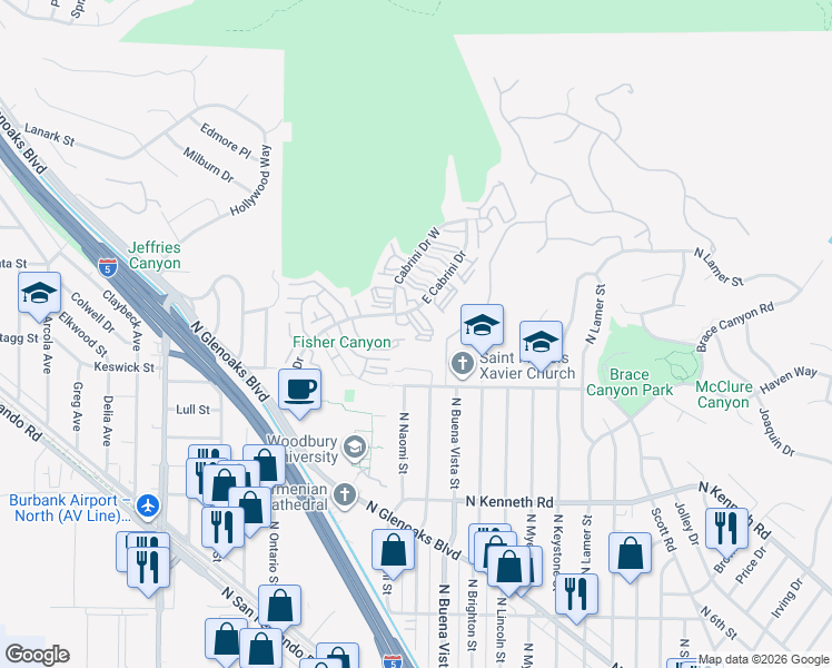 map of restaurants, bars, coffee shops, grocery stores, and more near 7755 Vía Rosa Maria in Burbank