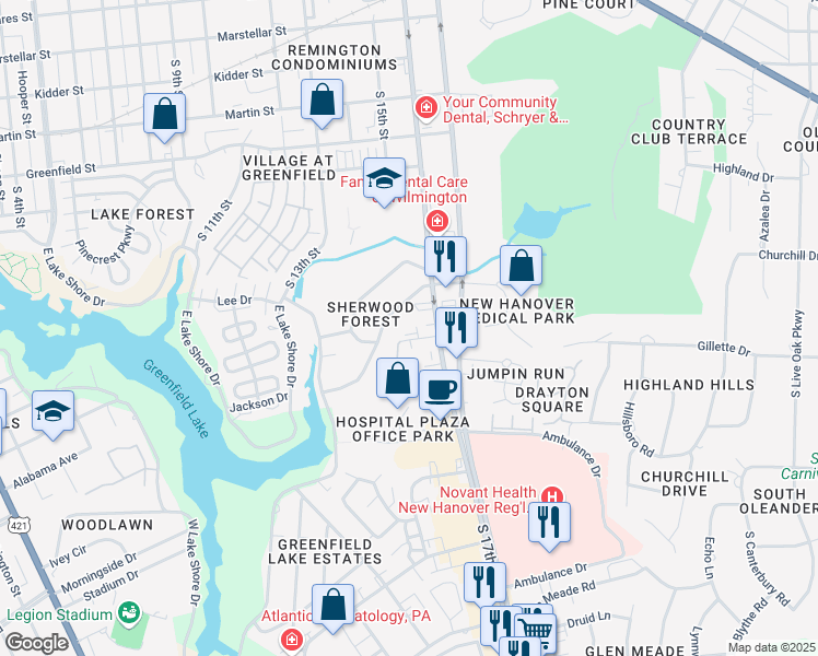 map of restaurants, bars, coffee shops, grocery stores, and more near 1627 Little John Circle in Wilmington