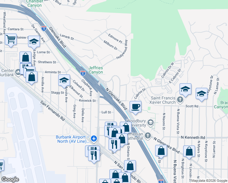 map of restaurants, bars, coffee shops, grocery stores, and more near 7746 Shadyspring Place in Burbank