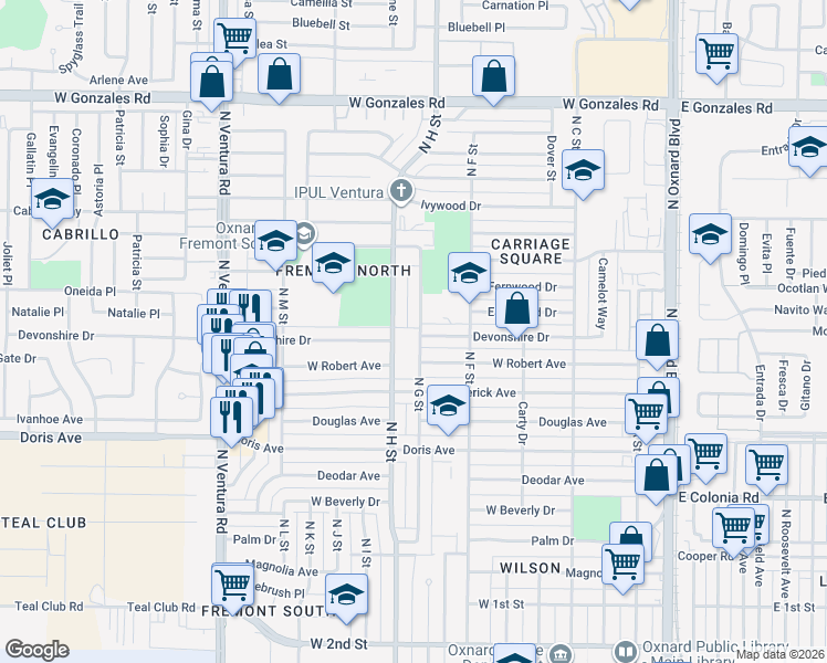map of restaurants, bars, coffee shops, grocery stores, and more near 1009 North G Street in Oxnard