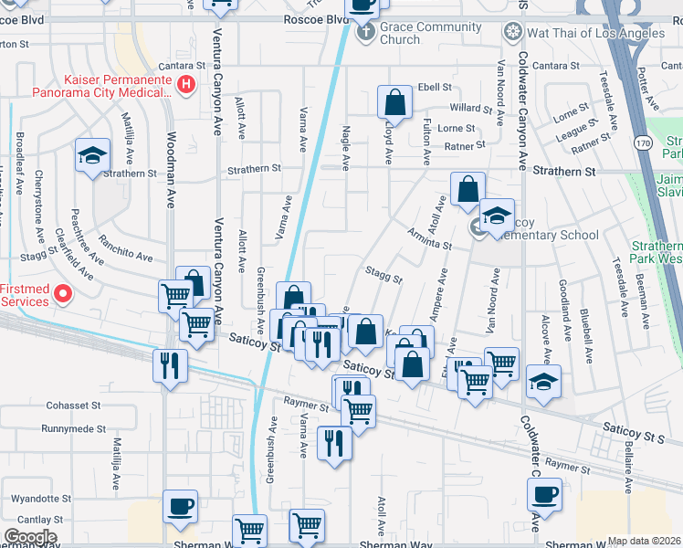 map of restaurants, bars, coffee shops, grocery stores, and more near 13311 Wixom Street in Los Angeles