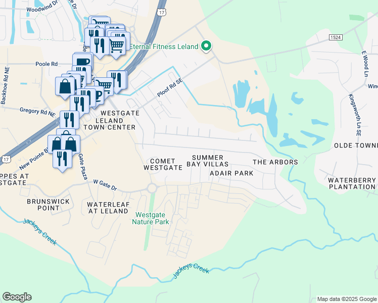 map of restaurants, bars, coffee shops, grocery stores, and more near 9437 Night Harbor Drive Southeast in Leland