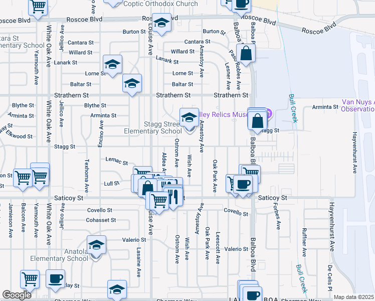 map of restaurants, bars, coffee shops, grocery stores, and more near 7745 Wish Avenue in Los Angeles