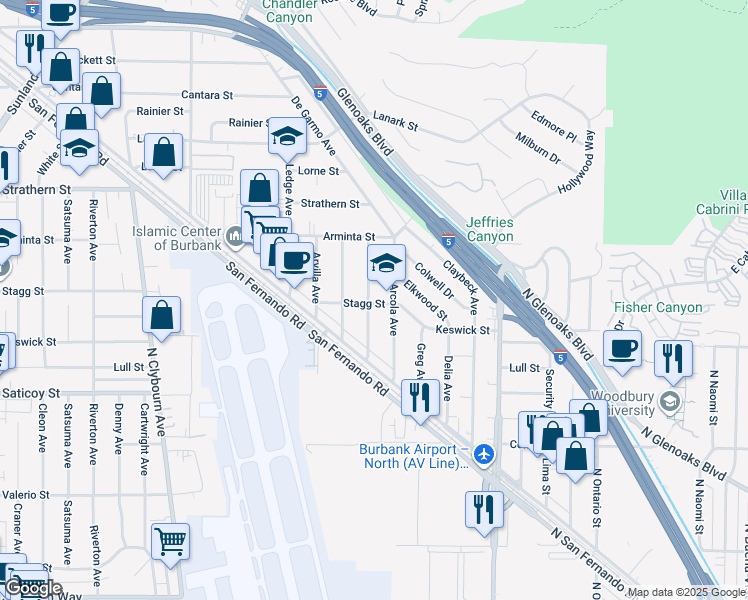 map of restaurants, bars, coffee shops, grocery stores, and more near 7752 Sancola Avenue in Los Angeles