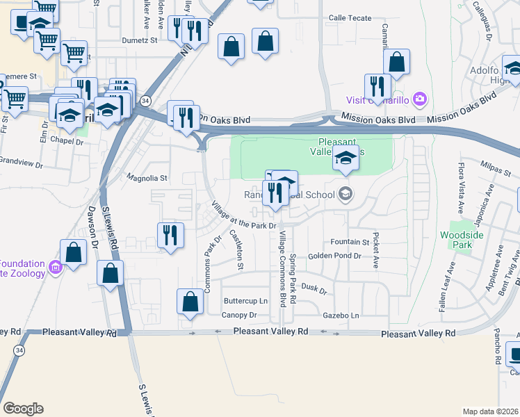 map of restaurants, bars, coffee shops, grocery stores, and more near 259 Riverdale Court in Camarillo