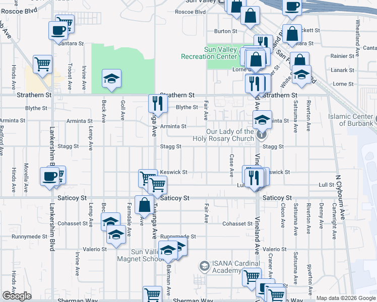 map of restaurants, bars, coffee shops, grocery stores, and more near 7749 Klump Avenue in Los Angeles