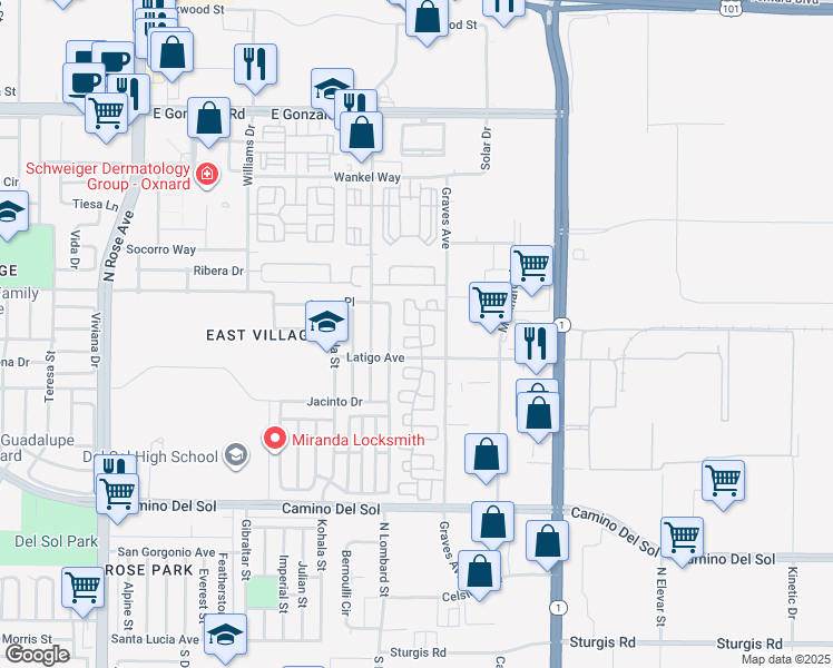 map of restaurants, bars, coffee shops, grocery stores, and more near 1027 Corte Primavera in Oxnard