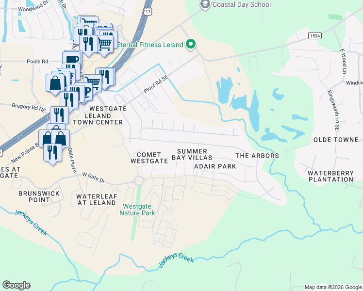 map of restaurants, bars, coffee shops, grocery stores, and more near 9450 Night Harbor Drive in Leland