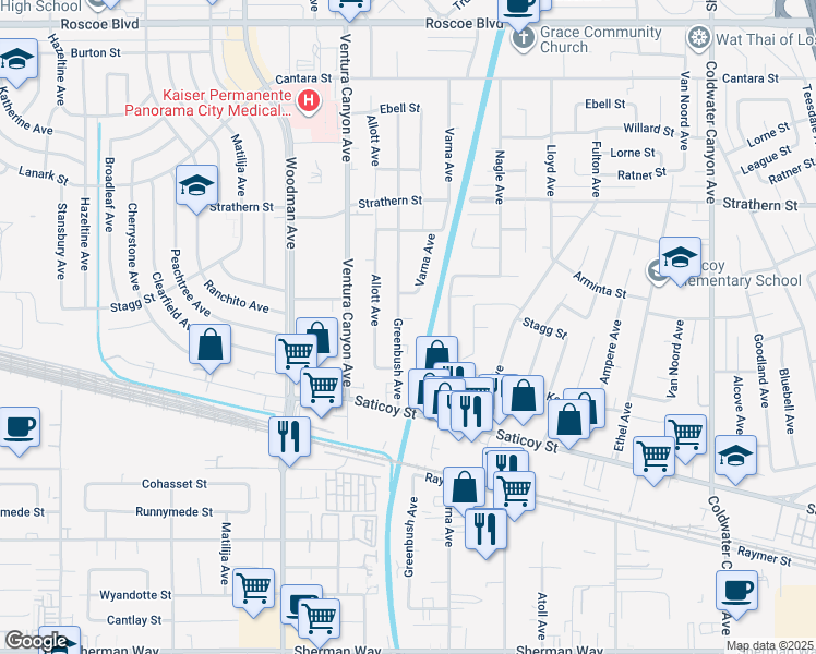 map of restaurants, bars, coffee shops, grocery stores, and more near 13448 Stagg Street in Los Angeles