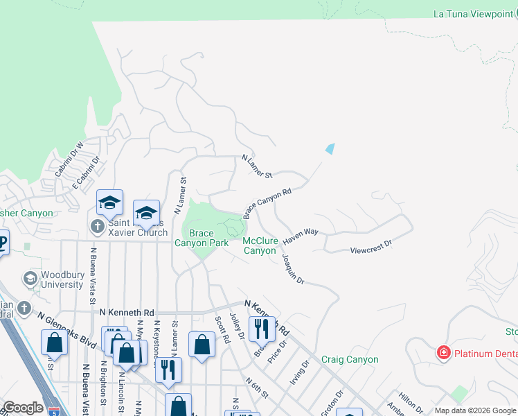 map of restaurants, bars, coffee shops, grocery stores, and more near 3240 Brace Canyon Road in Burbank