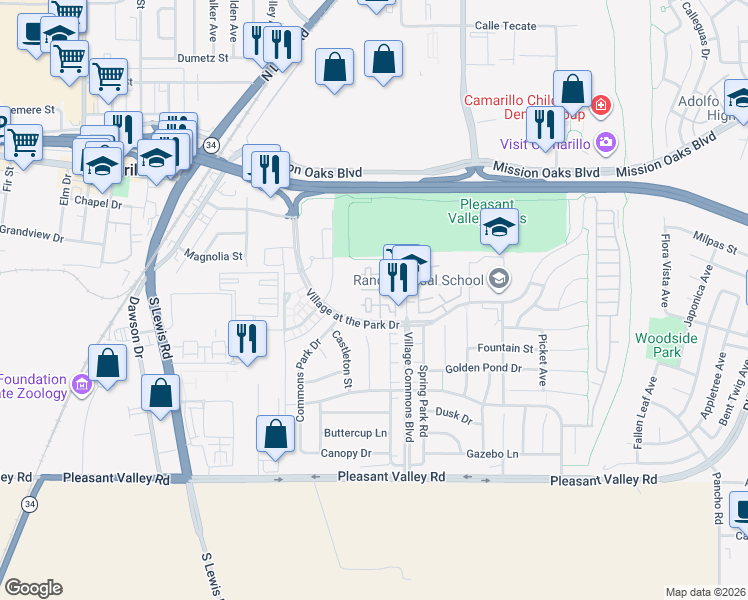 map of restaurants, bars, coffee shops, grocery stores, and more near 259 Riverdale Court in Camarillo