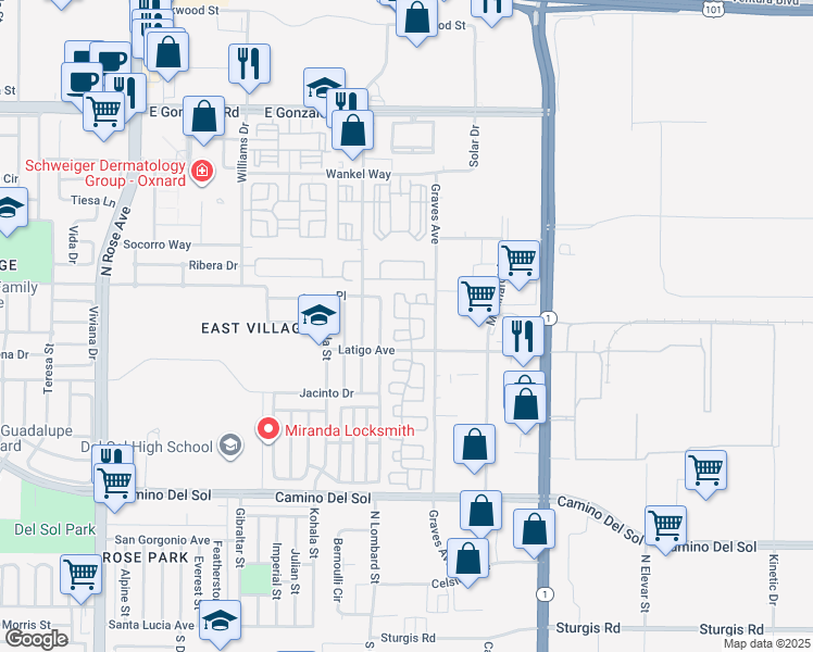 map of restaurants, bars, coffee shops, grocery stores, and more near 1027 Corte Primavera in Oxnard