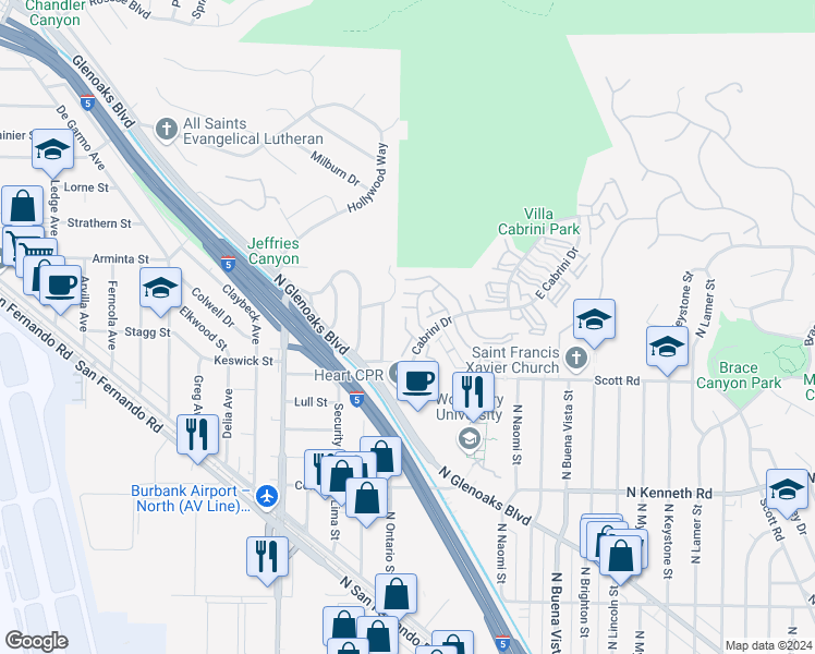 map of restaurants, bars, coffee shops, grocery stores, and more near 9788 Vía Zibello in Burbank
