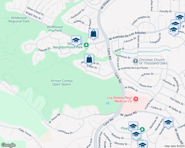 map of restaurants, bars, coffee shops, grocery stores, and more near 568 West Avenida De Las Flores in Thousand Oaks