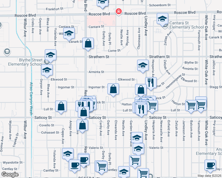 map of restaurants, bars, coffee shops, grocery stores, and more near 18320 Ingomar Street in Los Angeles