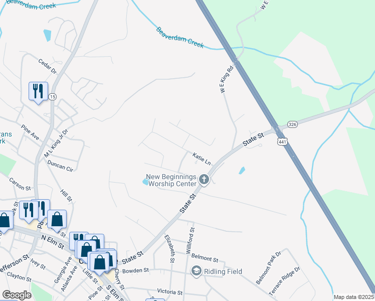map of restaurants, bars, coffee shops, grocery stores, and more near 274 Katie Lane in Commerce