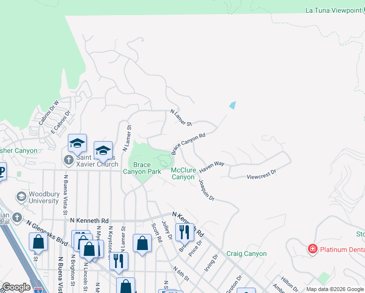 map of restaurants, bars, coffee shops, grocery stores, and more near 3240 Brace Canyon Road in Burbank