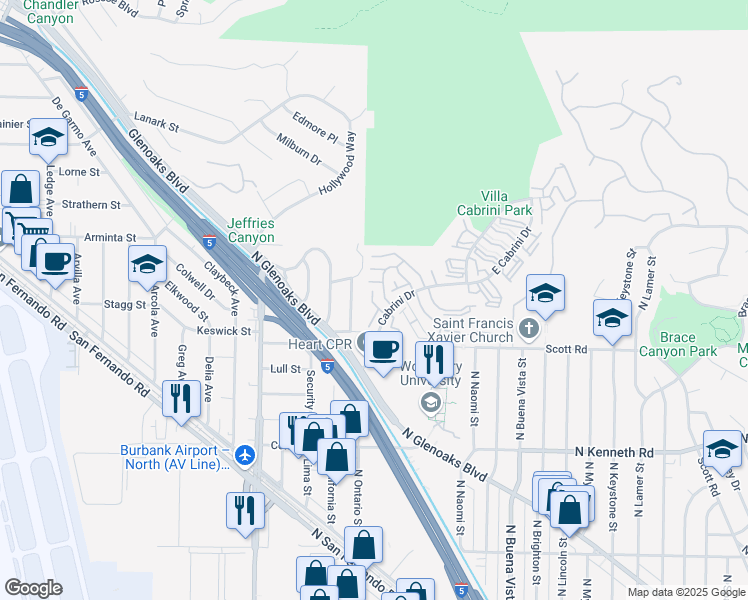 map of restaurants, bars, coffee shops, grocery stores, and more near 7773 Vía Catalina in Burbank