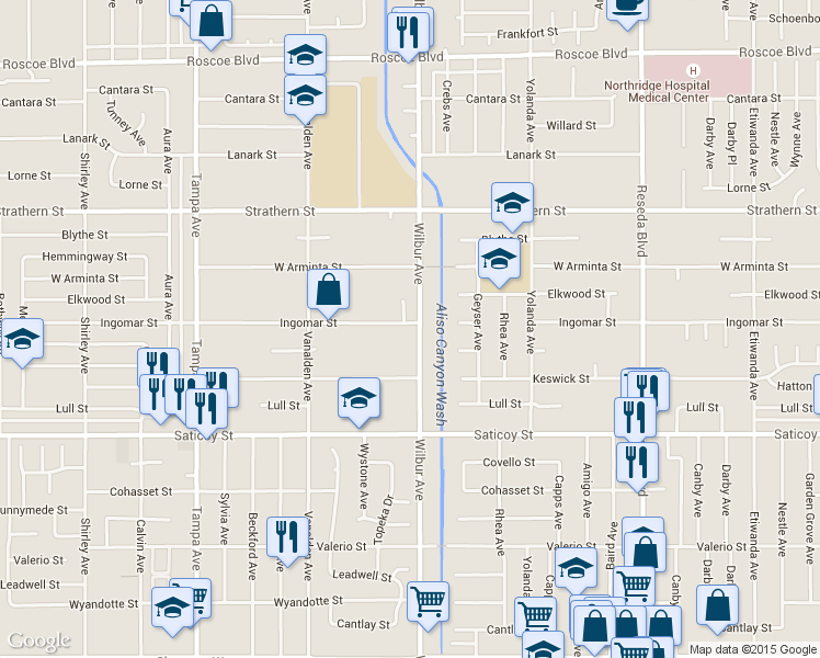 map of restaurants, bars, coffee shops, grocery stores, and more near 7759 Ingomar Street in Los Angeles