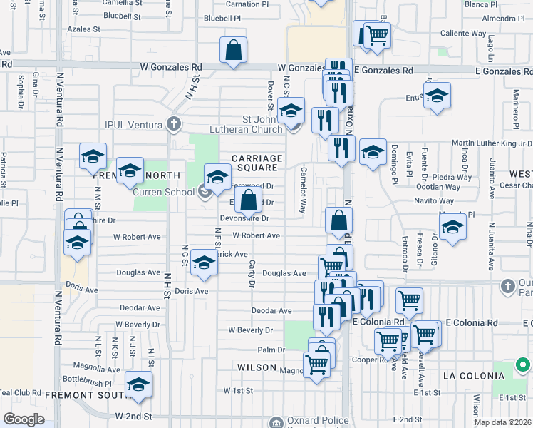 map of restaurants, bars, coffee shops, grocery stores, and more near 502 Eastwood Drive in Oxnard