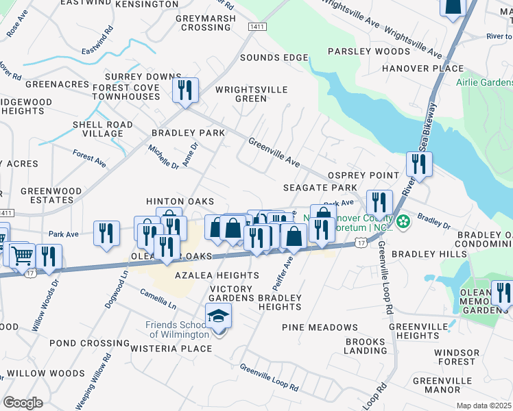 map of restaurants, bars, coffee shops, grocery stores, and more near 2321 Boardwalk Avenue in Wilmington