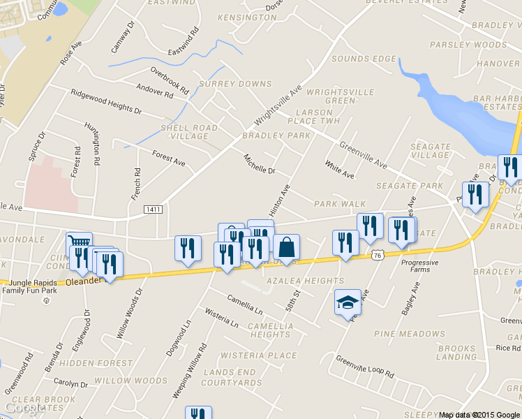 map of restaurants, bars, coffee shops, grocery stores, and more near 5601 Juneberry Court in Wilmington