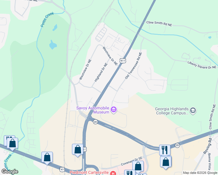 map of restaurants, bars, coffee shops, grocery stores, and more near 1462 U.S. 411 in Cartersville