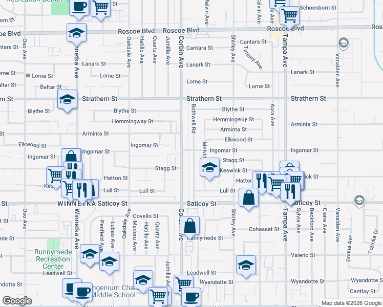 map of restaurants, bars, coffee shops, grocery stores, and more near 7761 Bothwell Road in Los Angeles