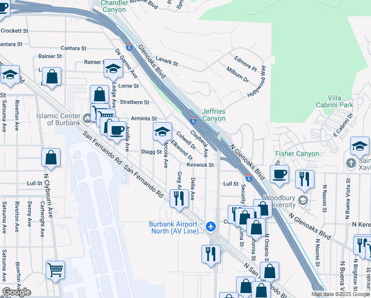 map of restaurants, bars, coffee shops, grocery stores, and more near 10149 Elkwood Street in Los Angeles