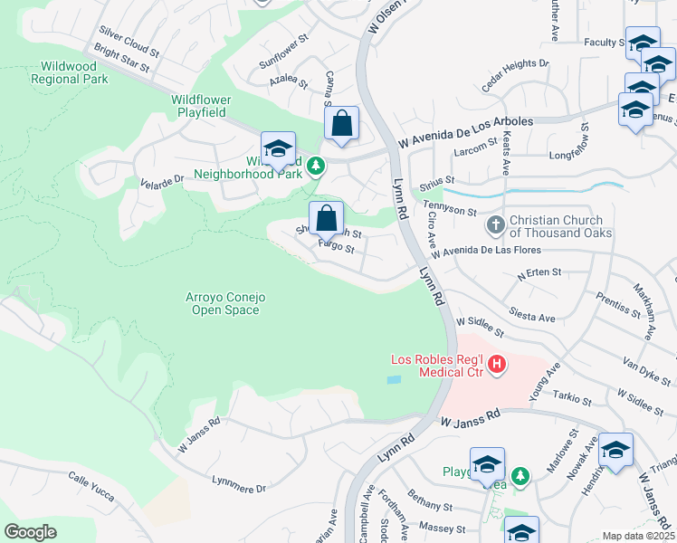 map of restaurants, bars, coffee shops, grocery stores, and more near 568 West Avenida De Las Flores in Thousand Oaks
