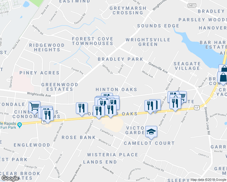 map of restaurants, bars, coffee shops, grocery stores, and more near 5617 Juneberry Court in Wilmington