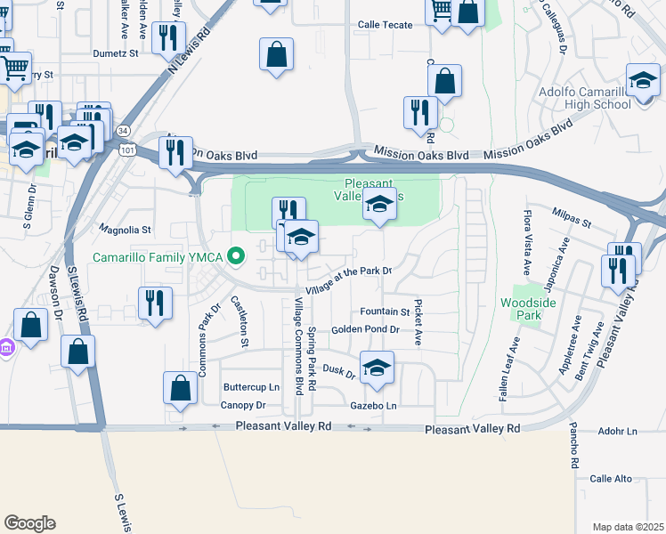 map of restaurants, bars, coffee shops, grocery stores, and more near 3347 Rockhampton Drive in Camarillo