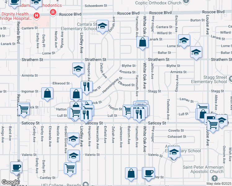 map of restaurants, bars, coffee shops, grocery stores, and more near 17900 Keswick Street in Los Angeles