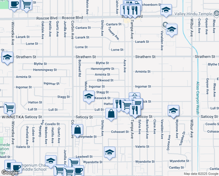 map of restaurants, bars, coffee shops, grocery stores, and more near 19436 Ingomar Street in Los Angeles