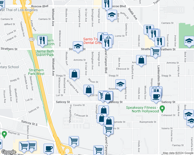 map of restaurants, bars, coffee shops, grocery stores, and more near 12142 Stagg Street in Los Angeles