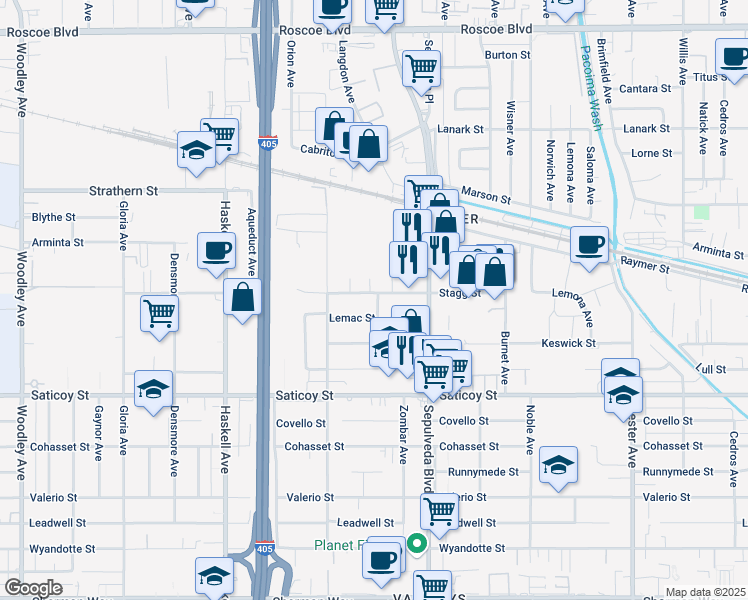 map of restaurants, bars, coffee shops, grocery stores, and more near 15402 Stagg Street in Los Angeles