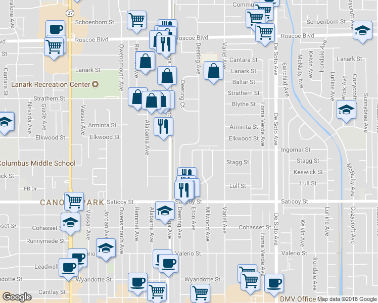 map of restaurants, bars, coffee shops, grocery stores, and more near 7767 Eton Avenue in Los Angeles