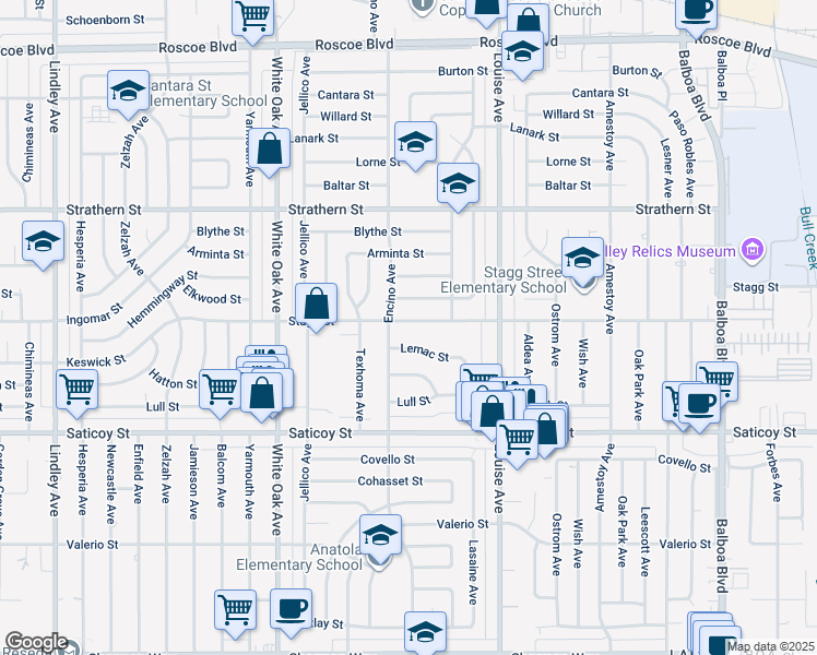 map of restaurants, bars, coffee shops, grocery stores, and more near 17440 Stagg Street in Los Angeles
