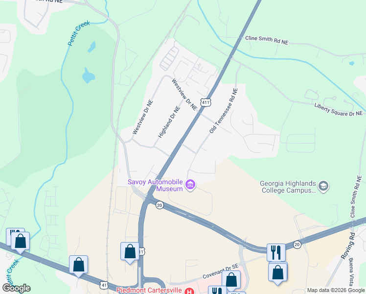 map of restaurants, bars, coffee shops, grocery stores, and more near 1462 U.S. 411 in Cartersville