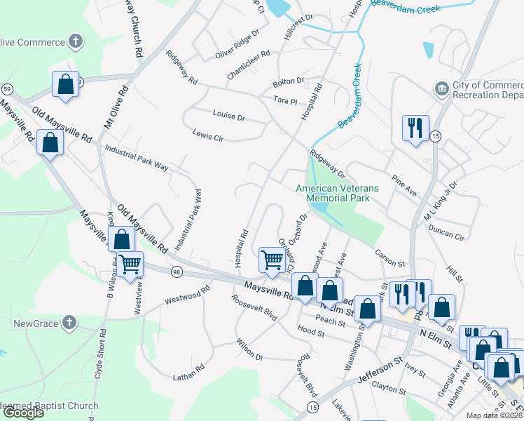 map of restaurants, bars, coffee shops, grocery stores, and more near 203 Orchard Circle in Commerce