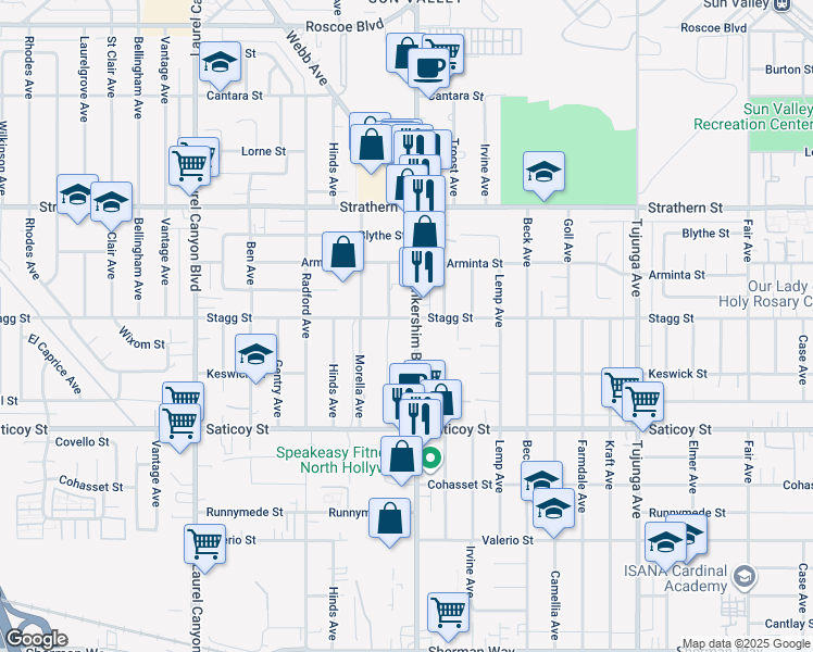 map of restaurants, bars, coffee shops, grocery stores, and more near 7727 Lankershim Blvd in North Hollywood