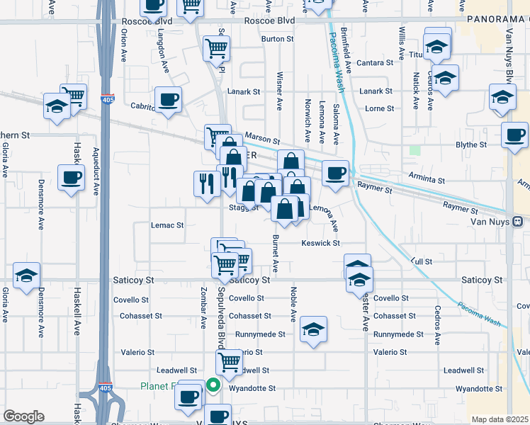 map of restaurants, bars, coffee shops, grocery stores, and more near 15200 Stagg Street in Los Angeles