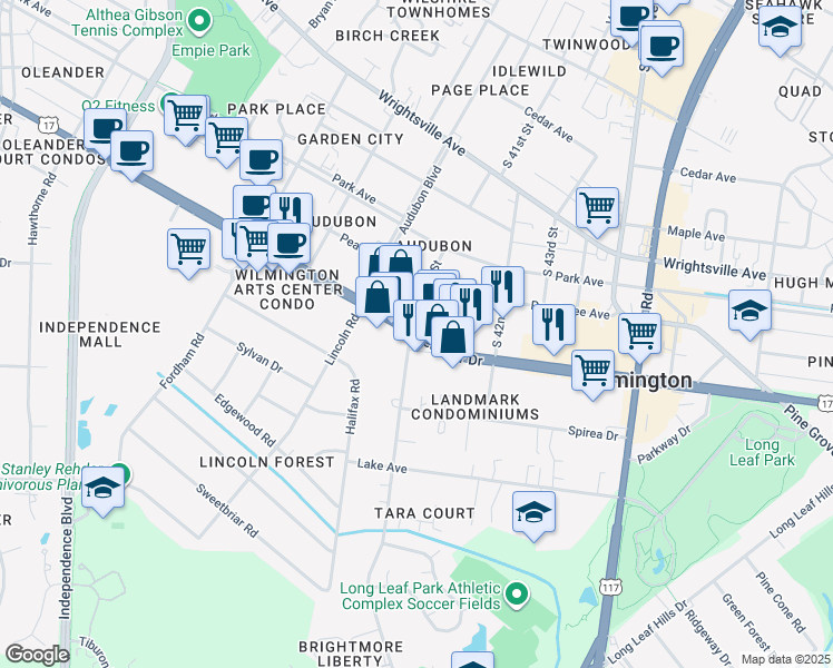 map of restaurants, bars, coffee shops, grocery stores, and more near 4101 Oleander Drive in Wilmington
