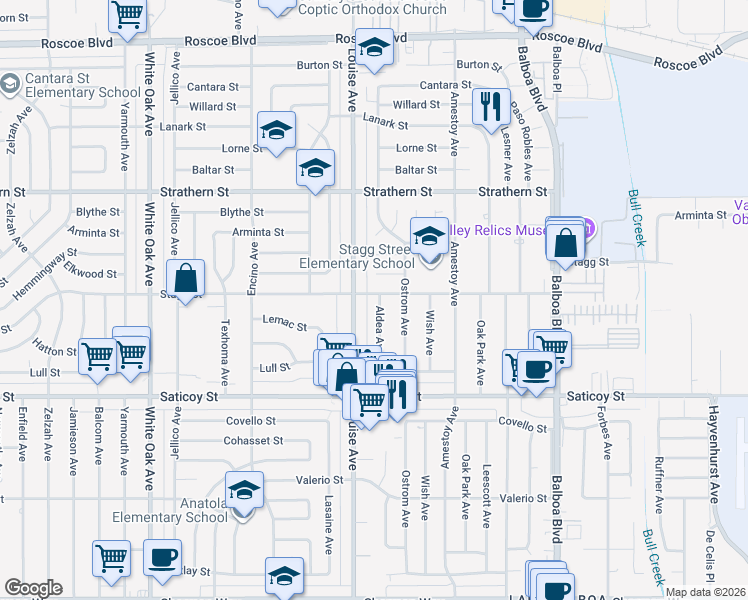 map of restaurants, bars, coffee shops, grocery stores, and more near 7755 Aldea Avenue in Los Angeles