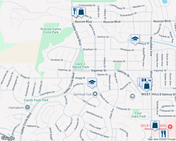 map of restaurants, bars, coffee shops, grocery stores, and more near 23686 Ingomar Street in Los Angeles